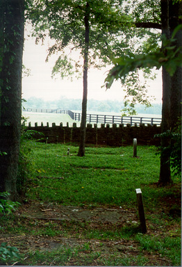 This picture is taken of the first row of 
graves [looking toward the east], with Robert Wickliffe's upright stone in the foreground and in the background is the 
upright stone for his daughter, Sally Woolley. What is difficult to see is the row of flat granite tombstones, which are 
in very poor condition.